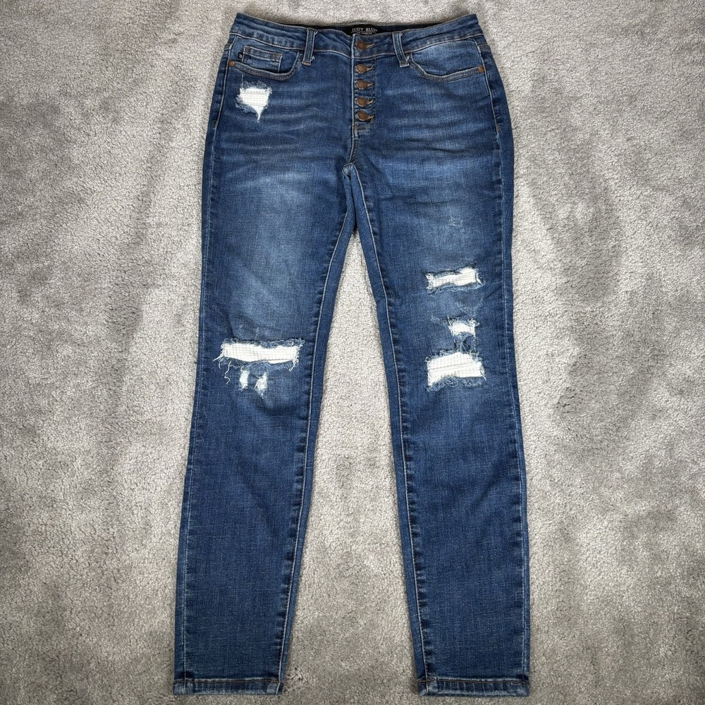 Judy Blue Jeans Womens 11/30 Skinny Mid Rise Blue Denim Thermal Patch Distressed